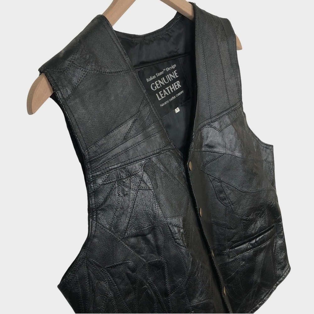 Italian Stone Design Navarre Leather Patchwork Snap Biker Vest Men's M Black